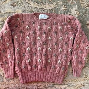Vtg Deans of Scotland Wool Pink Textured Floral Sweater Girls Large Women’s XS